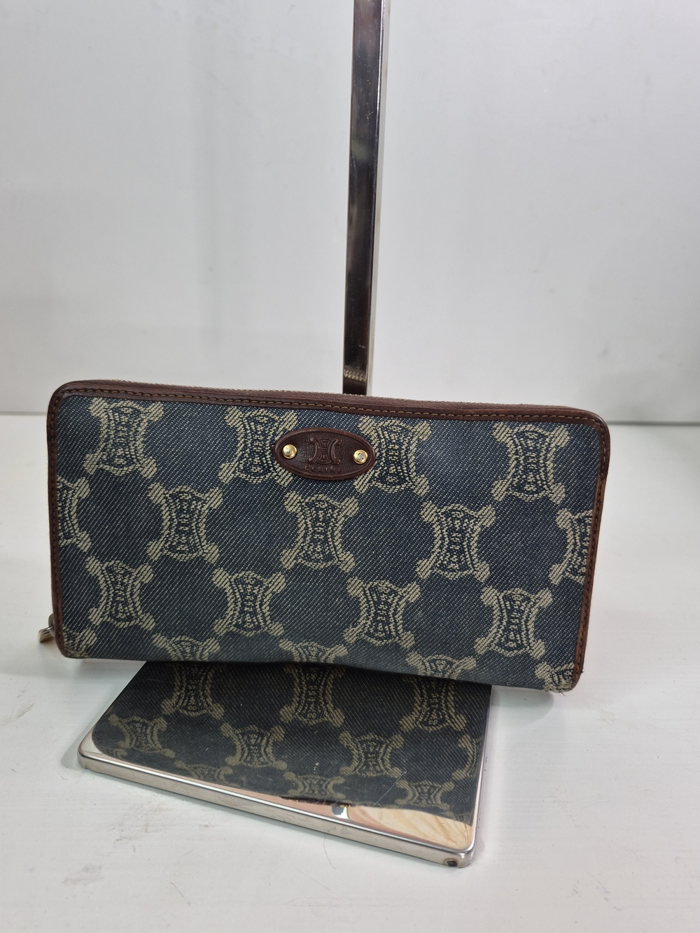 Celine Monogrammed Blue Denim Zip Wallet with Brown Trim